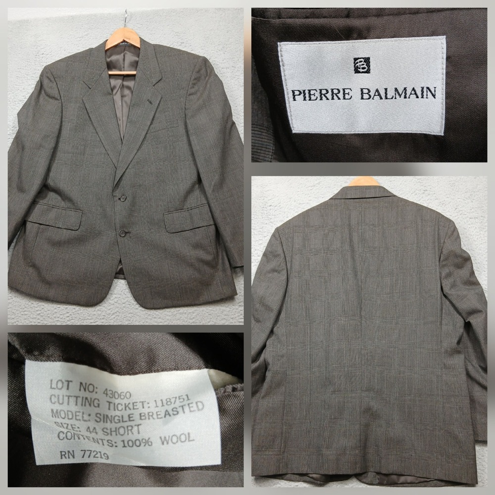 Pierre Balmain Men's Blazer 44S‎ Brown Glen Plaid 100% Wool Single Breasted